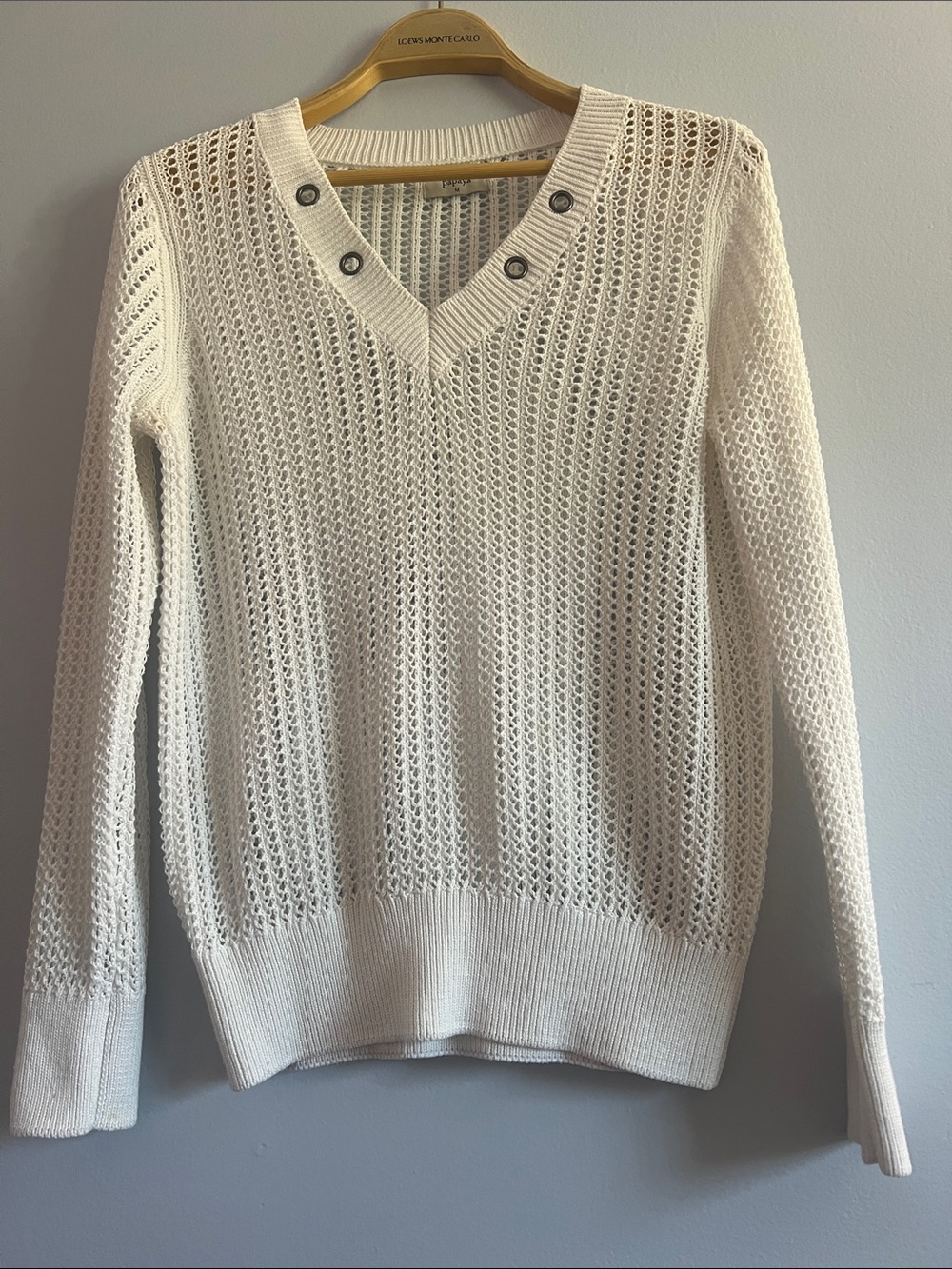 Papaya Cream Open-Knit V-Neck Sweater with Button Accents